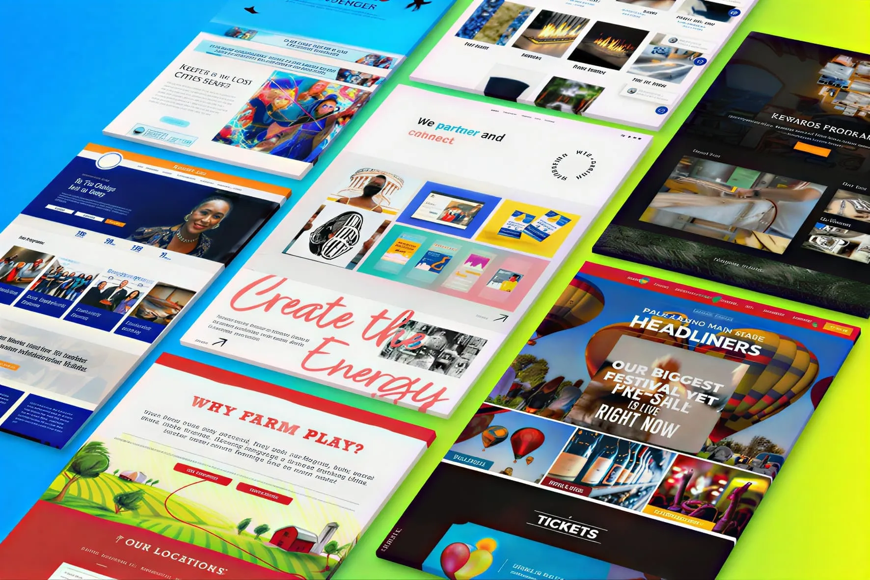 Collection of modern, high-quality website design layouts arranged in a dynamic grid