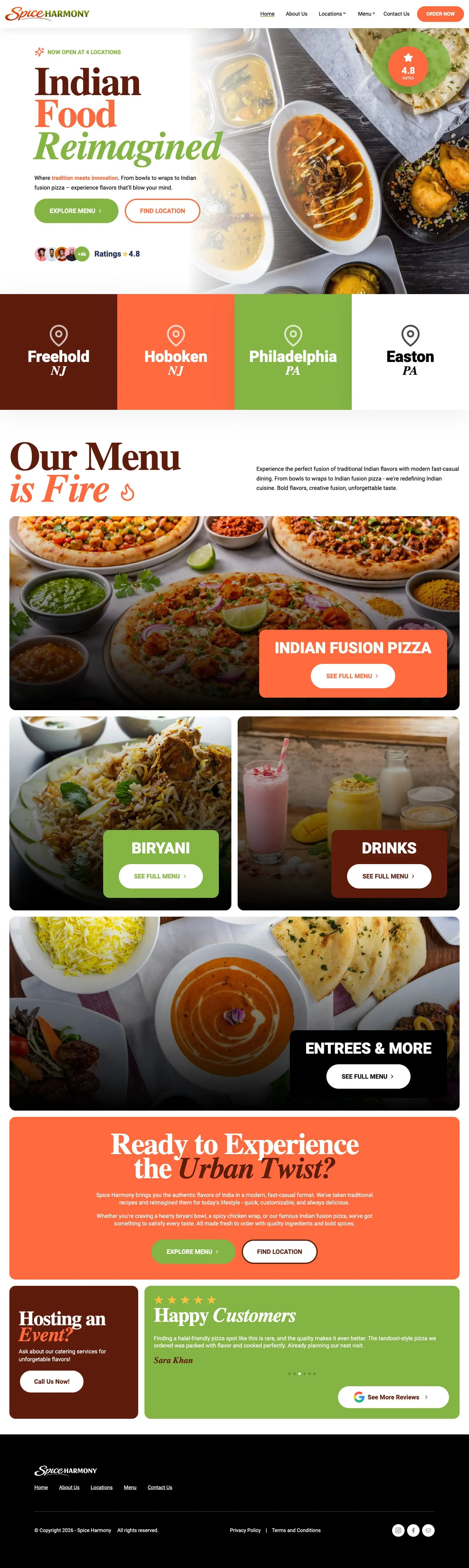 Long-scroll New Jersey indian restaurant website design featuring menu highlights, catering section, and online ordering options